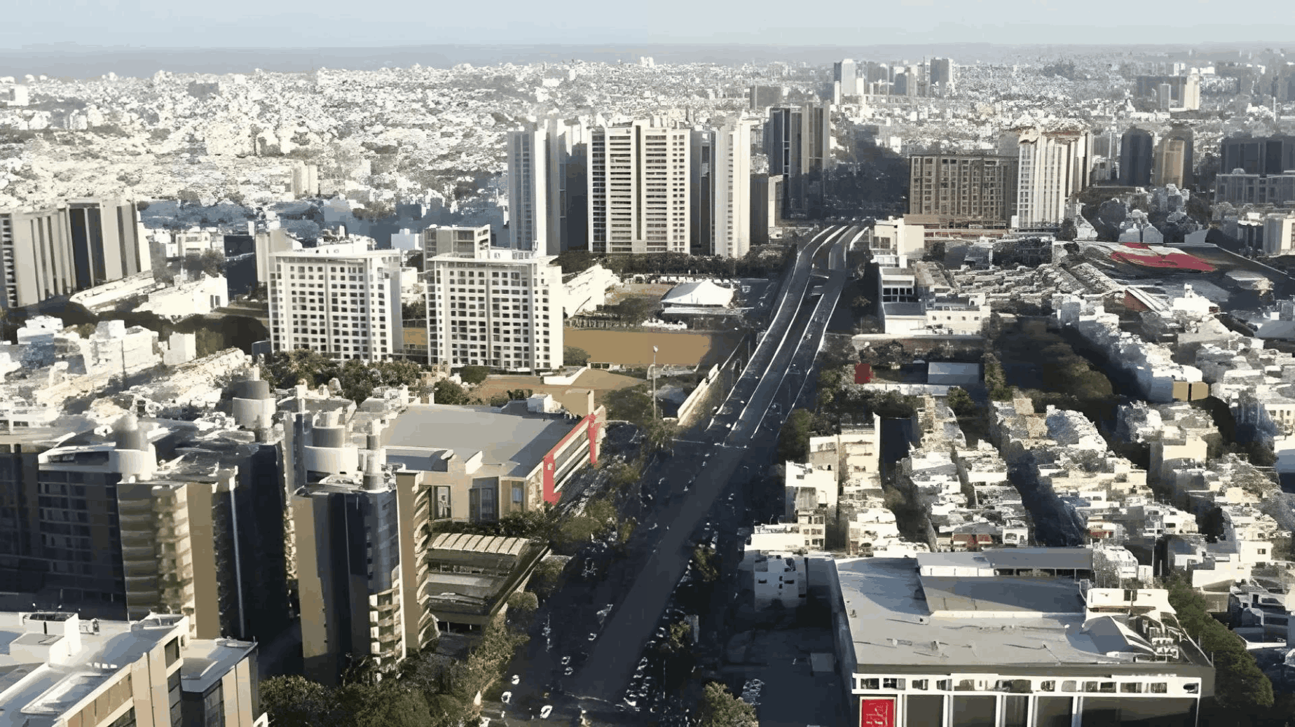 Aerial view of city corridor